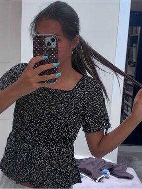 Black Floral Smocked Square-Neck Women's Blouse